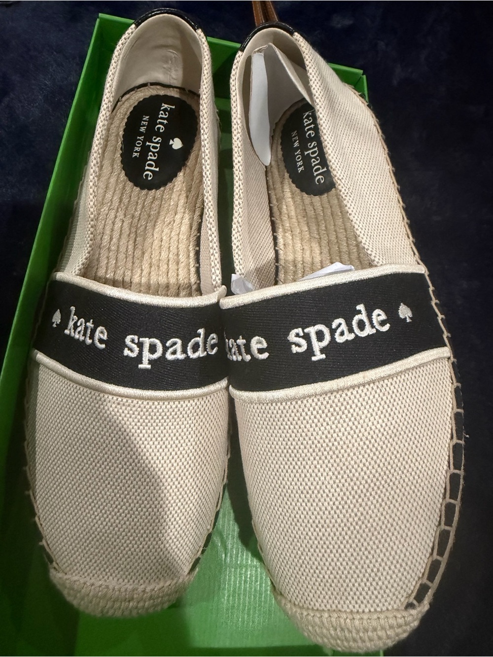 kate spade Cream Canvas Espadrilles with Black Logo Band